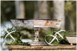small outdoor winter wedding, dessert table with wooden cake stand, greenery decor