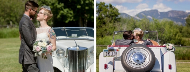bride and groom in classic car on wedding day, mountain views